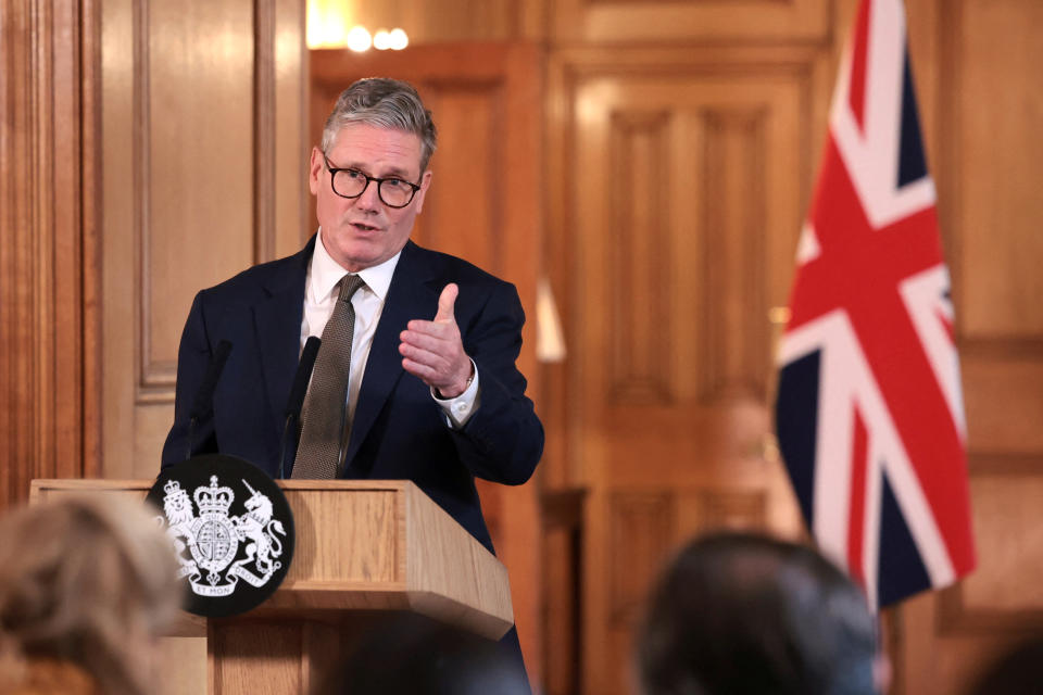 LONDON, ENGLAND - JULY 6: New British Prime Minister, Keir Starmer holds a press conference, following his first cabinet meeting at Downing Street on July 6, 2024 in London, England. The Labour Party won the UK general election taking 411 of the 649 seats in Parliament. Starmer has pledged to 'reset' Britain as Labour takes over after 14 years of Conservative rule. (Photo by Claudia Greco-WPA Pool/Getty Images)