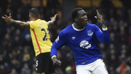 Football Soccer Britain - Watford v Everton - Premier League - Vicarage Road - 10/12/16 Everton's Romelu Lukaku celebrates scoring their second goal Action Images via Reuters / Alan Walter Livepic EDITORIAL USE ONLY. No use with unauthorized audio, video, data, fixture lists, club/league logos or "live" services. Online in-match use limited to 45 images, no video emulation. No use in betting, games or single club/league/player publications. Please contact your account representative for further details.