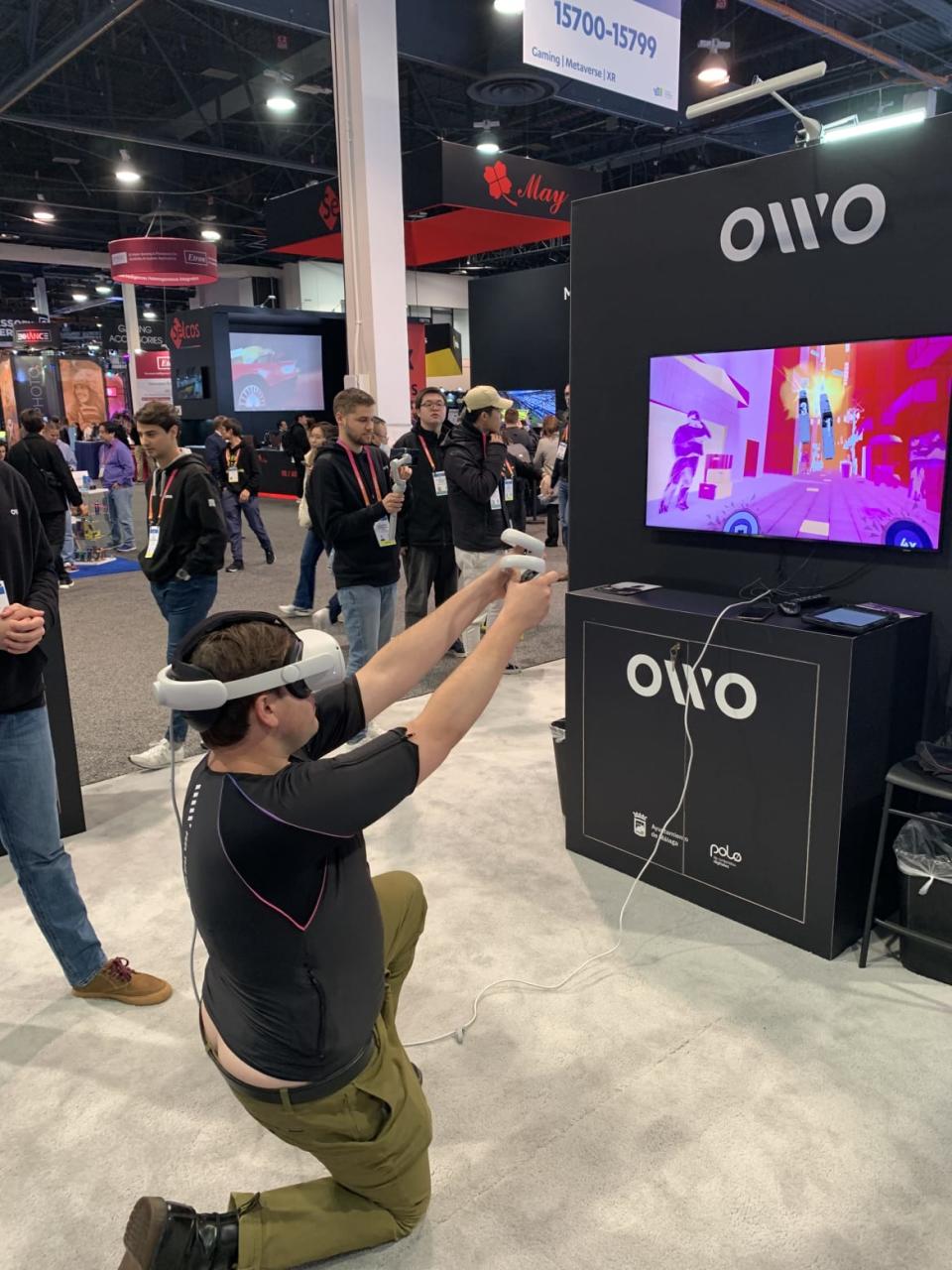 <div class="inline-image__caption"><p>A VR demo utilizing the OWO haptic vest.</p></div> <div class="inline-image__credit">Mike Brunker</div>