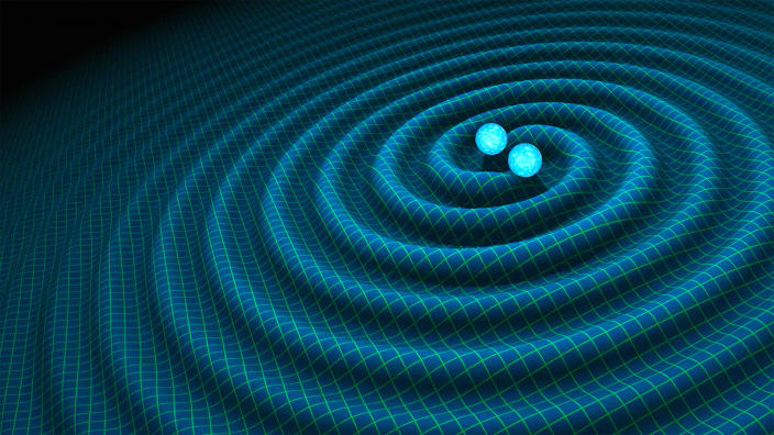  an artist&#39;s illustration of gravitational waves, showing spiraling ripples on a grid-like surface emerging from two merging spheres 