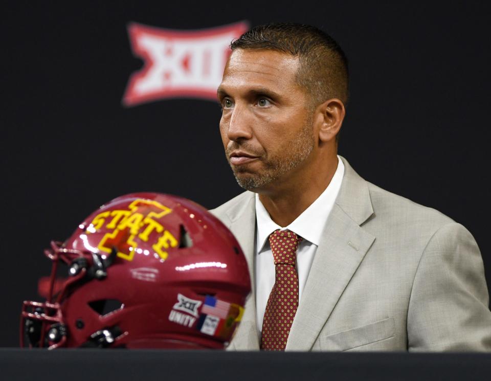 Iowa State's Matt Campbell speaks during day two of the Big 12 football media days, Thursday, July 14, 2022, at AT&T Stadium in Arlington.