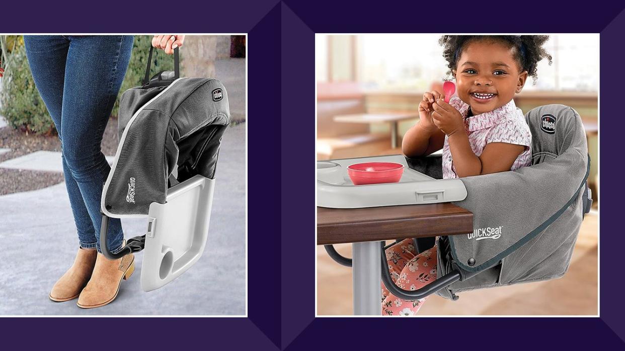 carrying a travel high chair, toddler sitting in chicco quickseat hook on chair