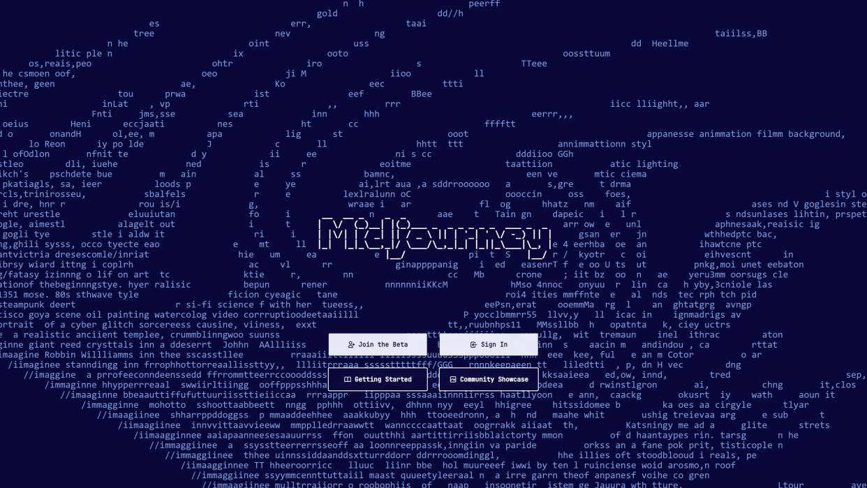  The Midjourney AI website landing page, which features a rolling animated stream of numbers and words. 