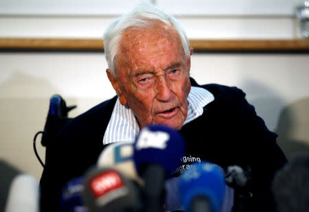 David Goodall, 104, holds a news conference a day before he intends to take his own life in assisted suicide, in Basel, Switzerland May 9, 2018. REUTERS/Stefan Wermuth