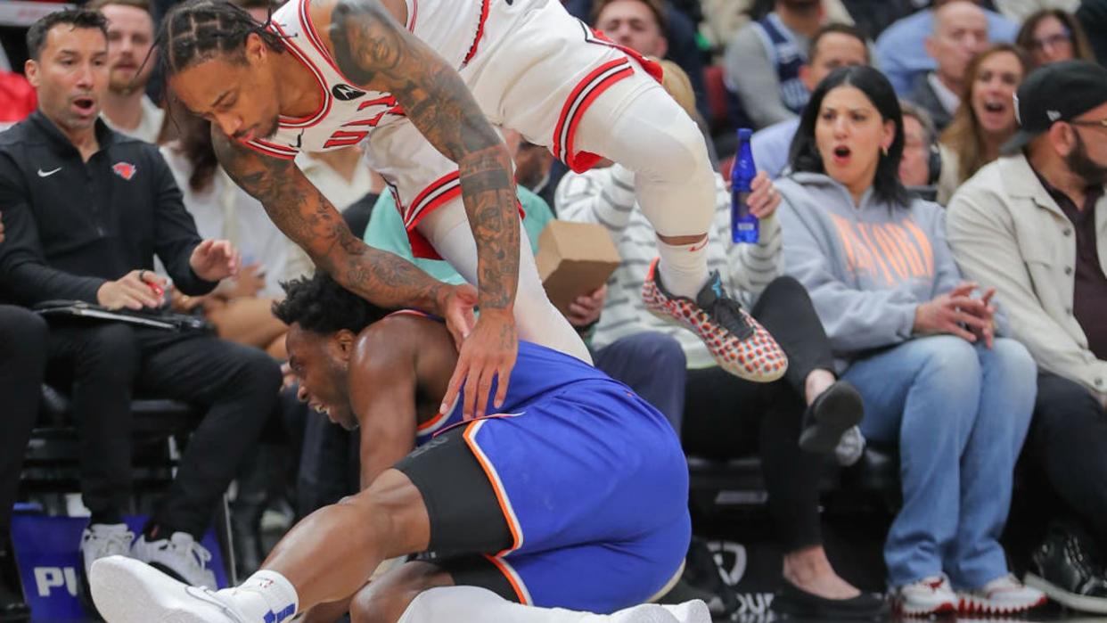 <div>CHICAGO, IL - APRIL 09: DeMar DeRozan #11 of the Chicago Bulls fouls DaQuan Jeffries #8 of the New York Knicks during the first half at the United Center on April 9,2024 in Chicago. (Photo by Melissa Tamez/Icon Sportswire via Getty Images)</div>