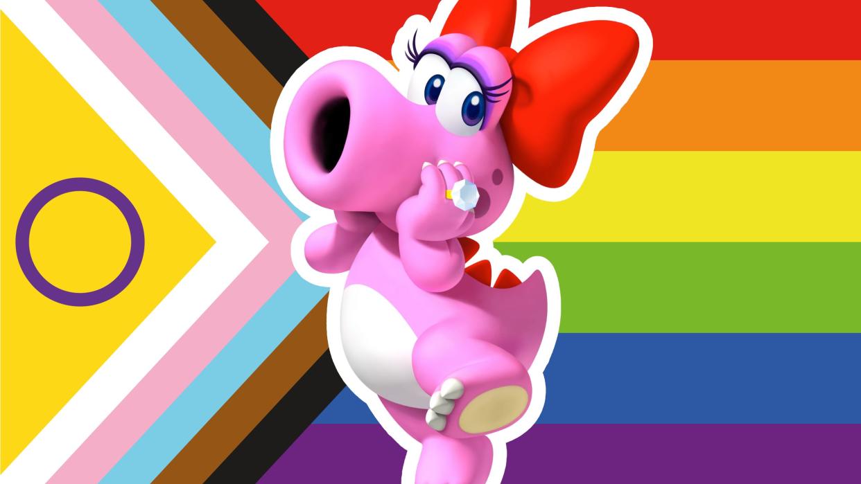  Birdo posed in front of a progressive pride flag 