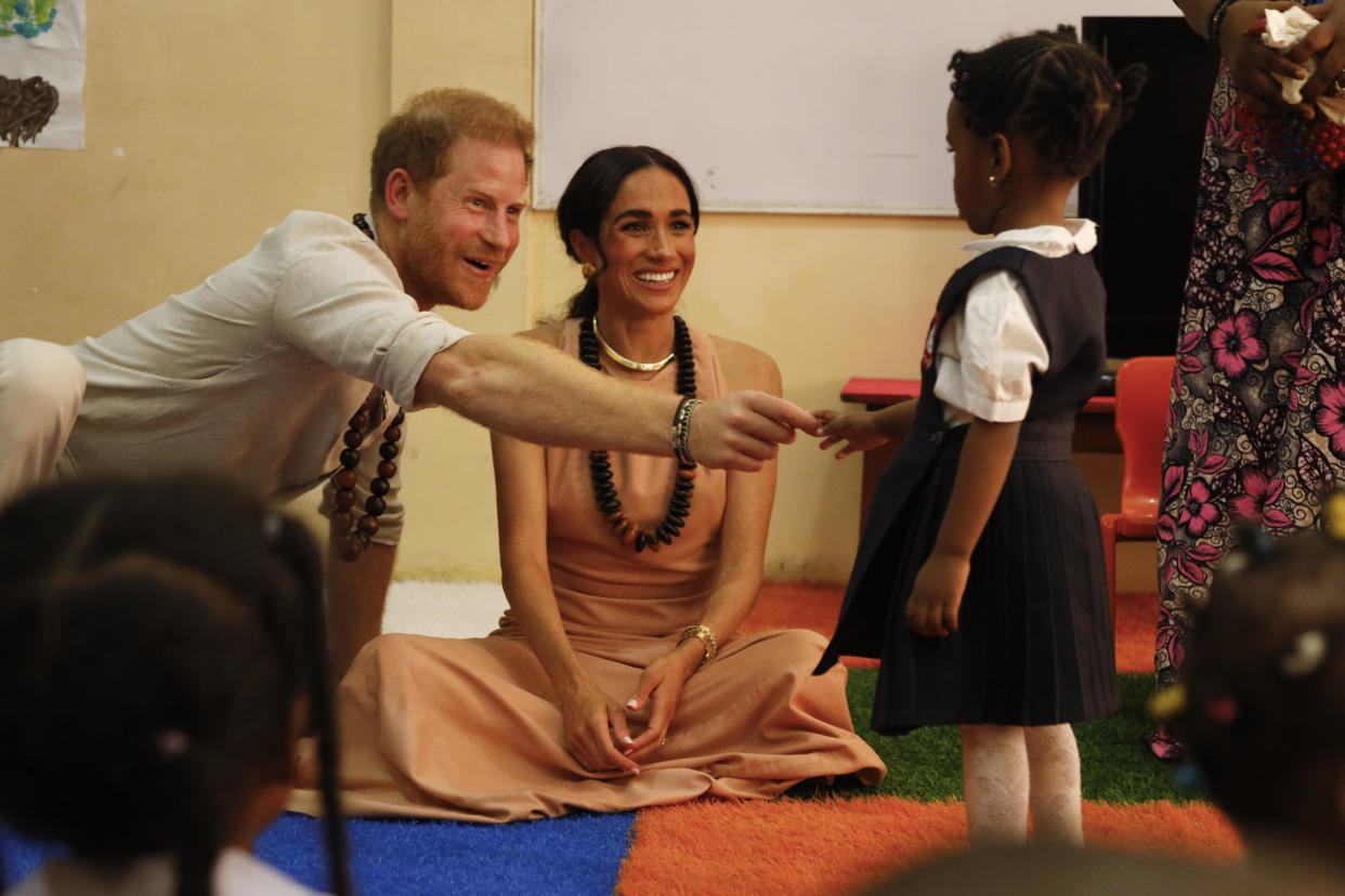 Prince Harry and Meghan, the Duke and Duchess of Sussex, visit students at the Lightway Academy, May 10, 2024 in Abuja, Nigeria. / Credit: Andrew Esiebo/Getty Images for The Archewell Foundation