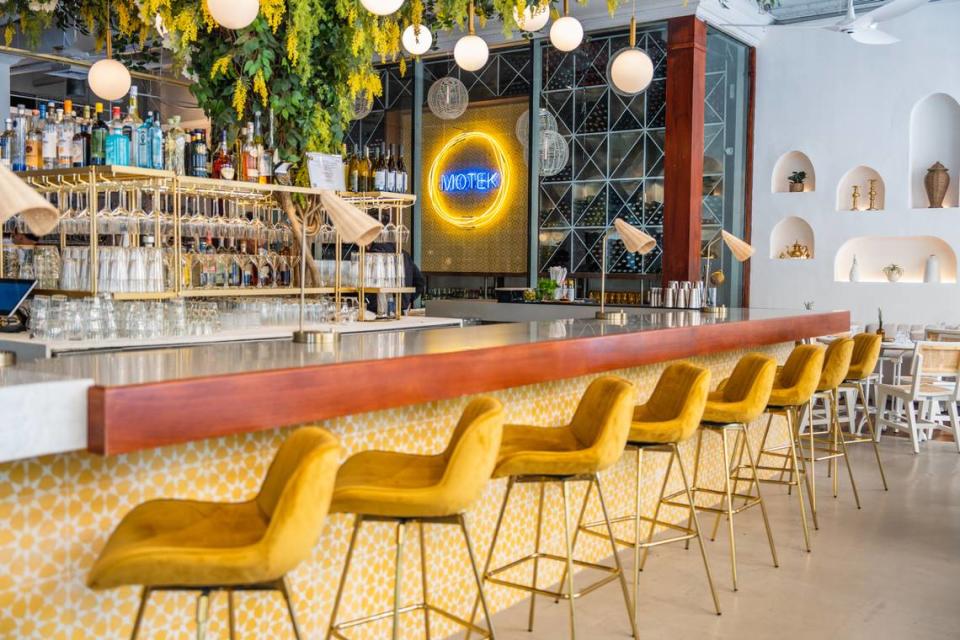 The bar at the entryway at the Israeli Mediterranean restaurant Motek on Miracle Mile in Coral Gables.