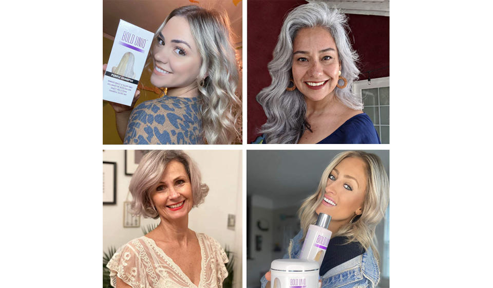 Four women with blonde and gray hair showing off results of using this purple conditioner. 