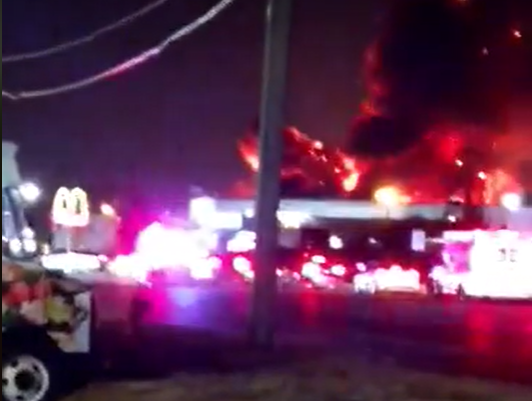 A plume of fire is captured in a screenshot from the area of 15 Mile Road and Groesbeck in Clinton Township.