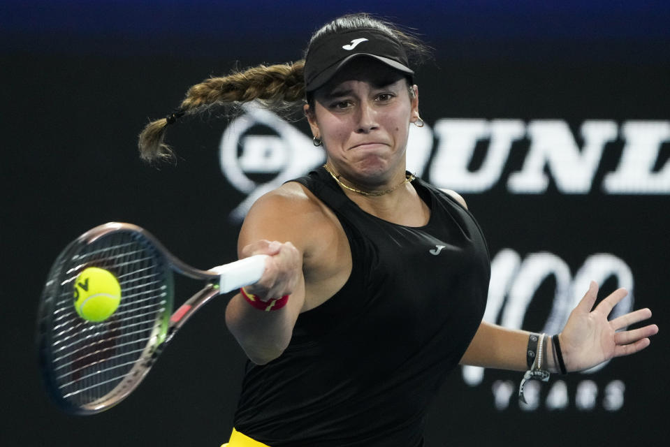 Spain's Jessica Bouzas Maneiro plays a forehand return to Australia's Olivia Godecki during their Group D match at the United Cup tennis event in Sydney, Australia, Tuesday, Jan. 3, 2023. (AP Photo/Mark Baker)