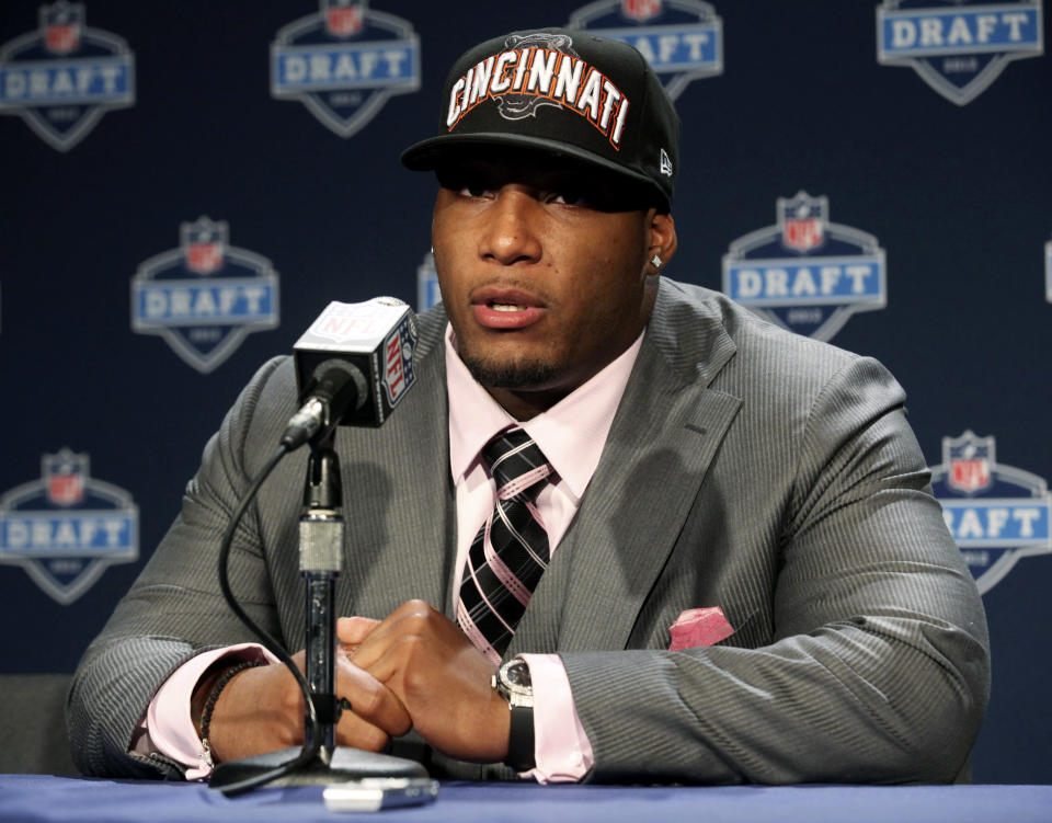 Penn State defensive tackle Devon Still speaks to reporters after being selected as the 53rd pick overall by the Cincinnati Bengals in the second round of the NFL football draft at Radio City Music Hall, Friday, April 27, 2012, in New York. (AP Photo/John Minchillo)