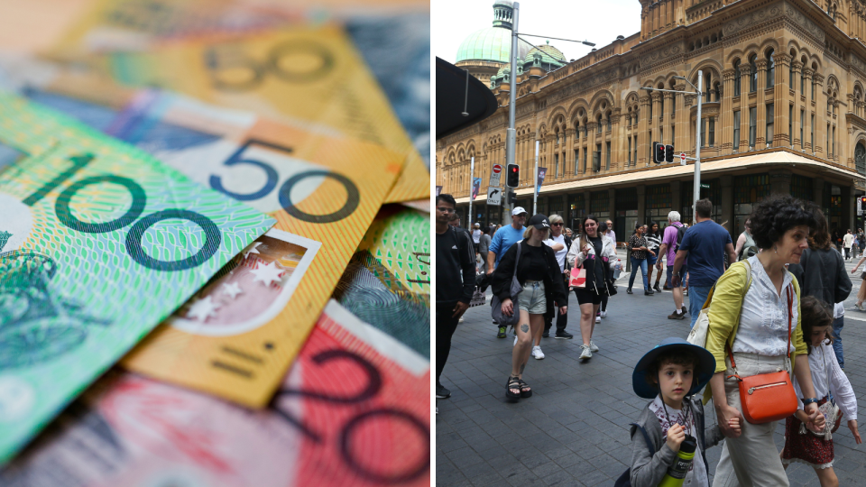 Colourful Australian currency and people in George street shopping 