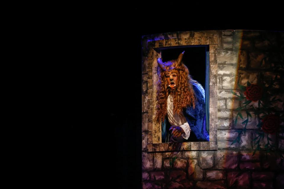 The Beast (Robert Hazlette) sings in his tower during Springfield Little Theatre's preview of "Beauty and the Beast" at The Landers Theatre on Thursday, June 8, 2023. The production closes out Springfield Little Theatre's 88th season and will run June 9-25, 2023.