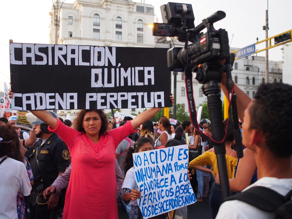 LIMA, PERU - 2018/02/08: Women asking for chemical castration when thousands marched through the streets of Lima, towards the courthouse, to demand greater protection for children and more drastic sanctions against rapists. (Photo by Fotoholica Press/LightRocket via Getty Images)