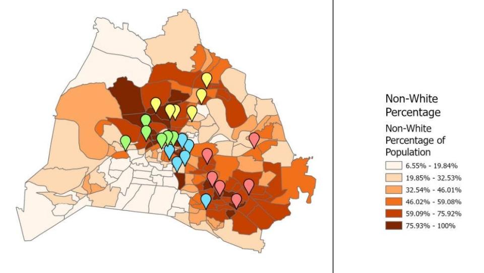 The location of license plate readers in Nashville's 6-month pilot program compared to Davidson County non-white populations. License plate readers are divided into quadrants: Quadrant A (yellow), Quadrant B (red), Quadrant C (blue) and Quadrant D (green). Darker areas of orange represent a higher non-white percentage of the population.