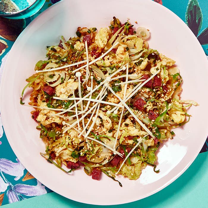 Bulgur with Sausage, Brussels Sprouts, and Mushrooms