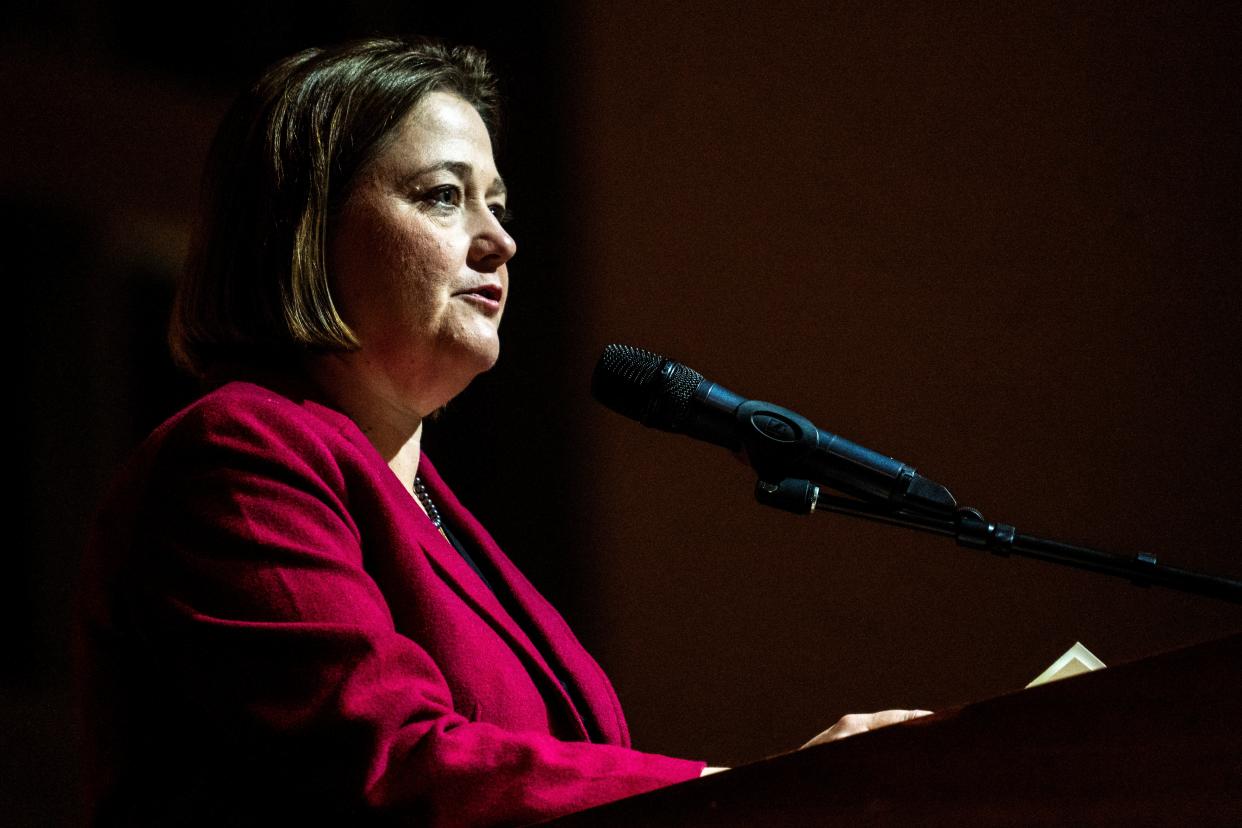 Iowa Attorney General Brenna Bird speaks during the Pulse Life Advocates Christmas gala at Hy-Vee Hall in 2023 in Des Moines.