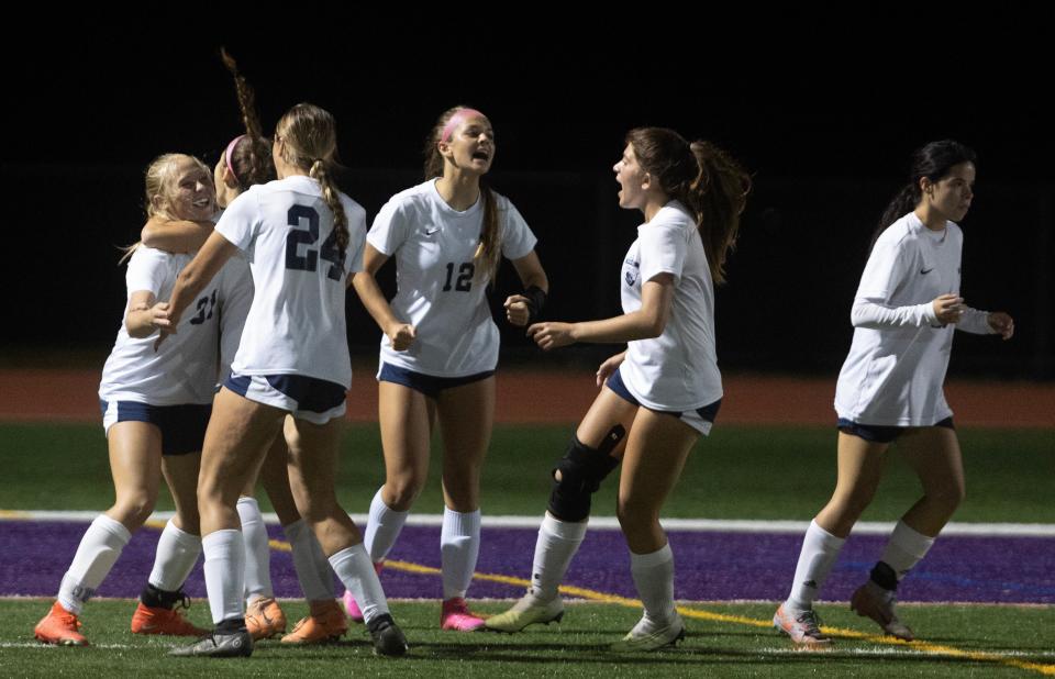 Howell Makenzie Memmolo (far left) celebrates her goal with team mates. Howell Girls Soccer defeats Rumson-Fair Haven 1-0 in Shore Conference Quarterfinal game in Rumson on October 16, 2023.