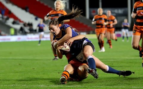 Fran Goldthorp scores her second try of the game - Credit: PA