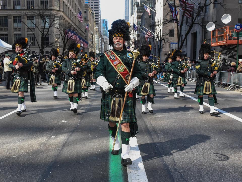 A marching band participates in the annual St. Patrick's Day parade along 5th Ave. on March 17, 2018 in New York City. New York's Saint Patrick's Day parade is the largest in the world.