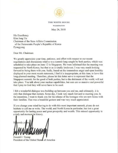 The letter US President Donald Trump sent to North Korean leader Kim Jong Un announcing that the planned summit between them “will not take place”. Source: AFP