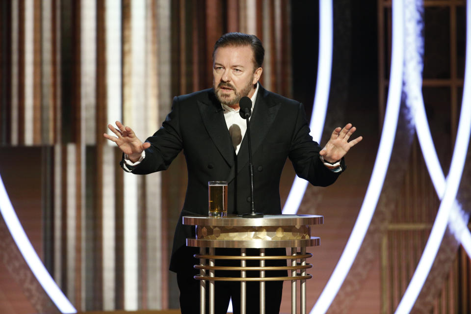 BEVERLY HILLS, CALIFORNIA - JANUARY 04: In this handout photo provided by NBCUniversal Media, LLC,  host Ricky Gervais speaks onstage during the 76th Annual Golden Globe Awards at The Beverly Hilton Hotel on January 5, 2020 in Beverly Hills, California. (Photo by Paul Drinkwater/NBCUniversal Media, LLC via Getty Images)