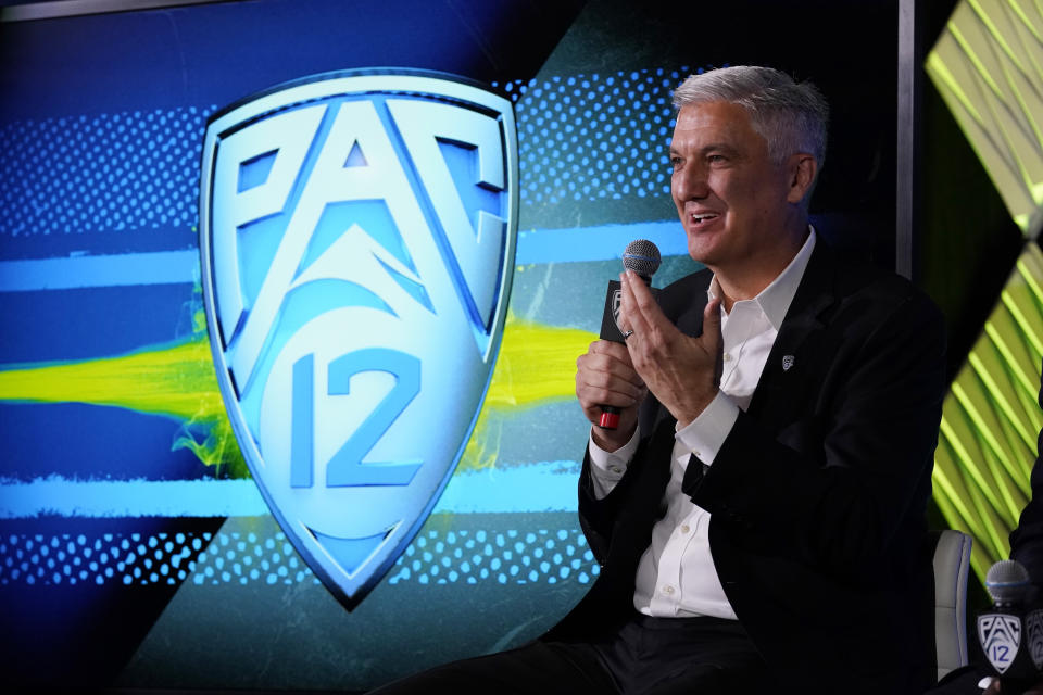 Pac-12 Commissioner George Kliavkoff fields questions during the Pac-12 Conference NCAA college football Media Day Tuesday, July 27, 2021, in Los Angeles. (AP Photo/Marcio Jose Sanchez)