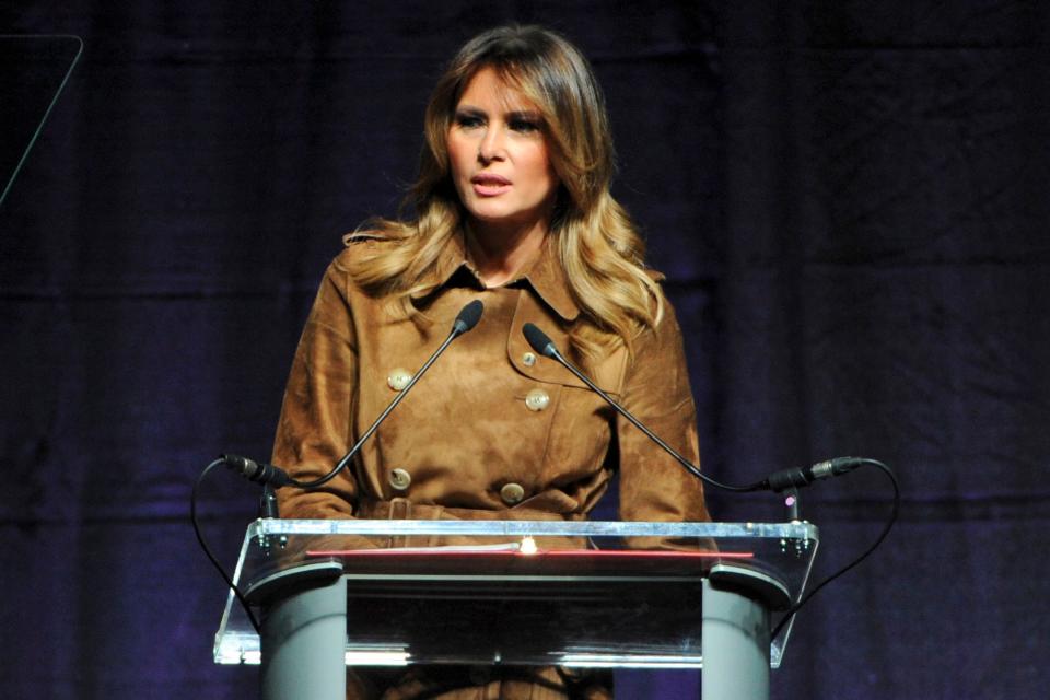 First lady Melania Trump speaks at the B'More Youth Summit about opioid abuse, Nov. 26, 2019, in Baltimore.