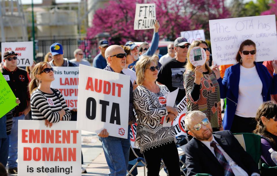 About 350 people, most of whom were residents of far eastern Oklahoma County, gathered March 16, 2016, on the south side of the state Capitol to express opposition to the Oklahoma Turnpike Authority's plans to acquire their homes to build the Kickapoo Turnpike.