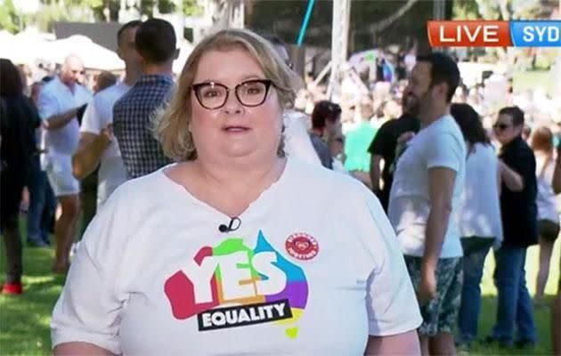 Magda Szubanski has given a powerful speech after Australian voted 'Yes' in a landslide victory on marriage equality. Photo: Channel 7