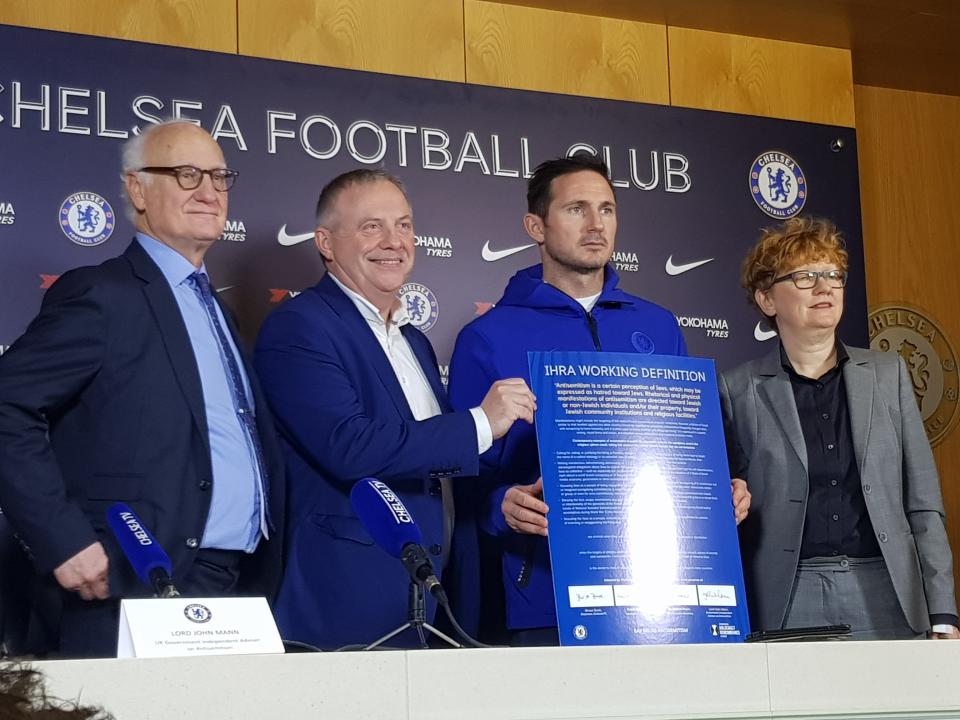 Left to right: Chelsea chairman Bruce Buck, John Mann, Frank Lampard, IRHA executive secretary Dr Kathrin Meyer. Picture by Nick Purewal (PA).