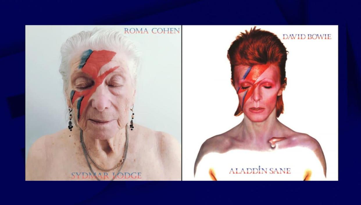 Une retraitée maquillée comme David Bowie sur la pochette de l'album Aladdin Sane  - Facebook