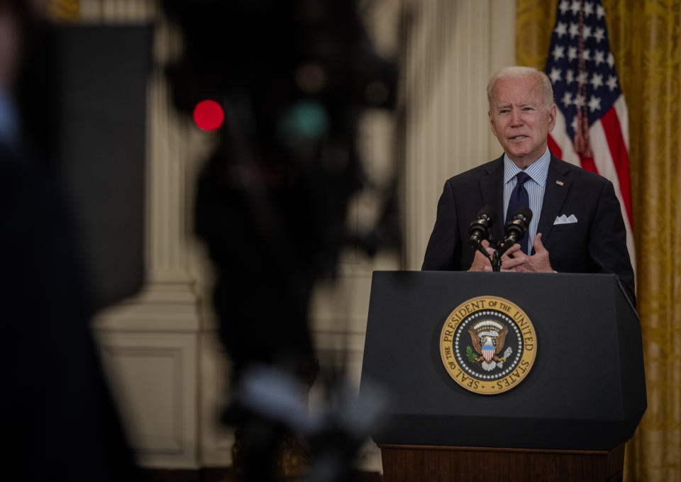 WASHINGTON, DC - MAY 7: 
President Joe Biden delivers remarks in the White House east room on the latest jobs report, in Washington, DC. 
(Photo by Bill O'Leary/The Washington Post via Getty Images)