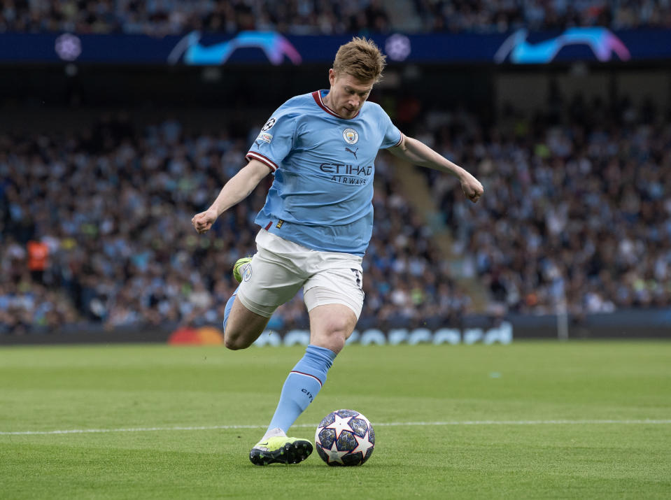 MANCHESTER, ENGLAND - MAY 17: Kevin De Bruyne of Manchester City in action during the UEFA Champions League semi-final second leg match between Manchester City FC and Real Madrid at Etihad Stadium on May 17, 2023 in Manchester, United Kingdom. (Photo by Visionhaus/Getty Images)