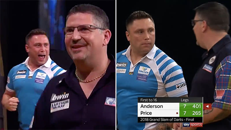 Gerwyn Price angered Gary Anderson with his celebration antics during their darts final. Pic: Sky Sports