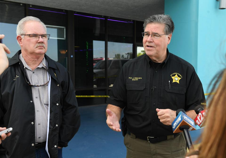 St. Lucie County Sheriff Ken Mascara (right) and Dan DeCoursey of the Florida Gaming Control Commission discuss the details of the raid of the Jackpot Corner II, 7177 South U.S. 1 on Friday, Nov. 3, 2023. Sheriff’s deputies seized 45 arcade games and an undisclosed amount of money within them.