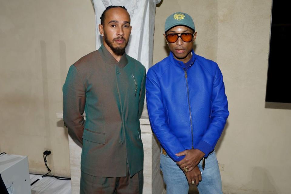 new york, new york october 09 lewis hamilton and pharrell williams attend a press conference announcing the spring 2025 costume institute exhibition superfine tailoring black style at metropolitan museum of art on october 09, 2024 in new york city photo by taylor hillwireimage