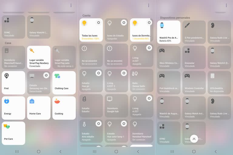 Tres paneles de control del nuevo SmartThings de Samsung, con dispositivos de múltiples plataformas visibles en una sola interfaz