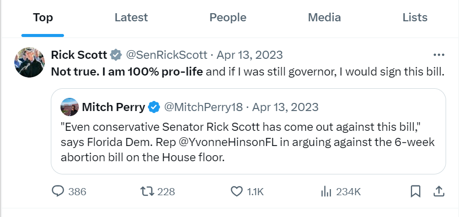 This tweet by U.S. Sen. Rick Scott shows him responding to a reporter quoting a Democratic state lawmaker who claimed Scott opposed the six-week abortion ban passed by the Legislature last year.