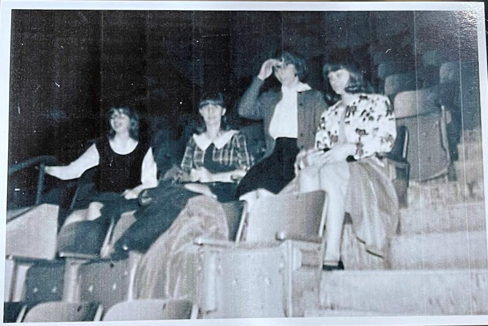 While on a field trip to the Milwaukee Arena for a spring sports show, the women slipped into the arena to sit back in the same seats they had for The Beatles concert the year before in 1964. From left to right, it's Loine Hockman, Judy Urban, Karen Konopka and Bonnie Howe. Their friend Donna Kauper took the photo.