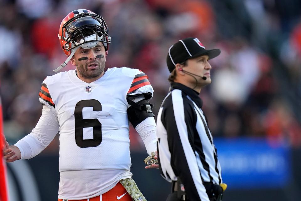 Cleveland Browns quarterback and former OU star Baker Mayfield (6) argues with an official during a recent game.