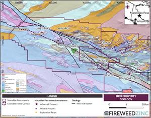 Map 3 – Oro and Sol Properties - Geology: Prospective geology and major structures continue along strike from Macmillan Pass Fertile Corridor