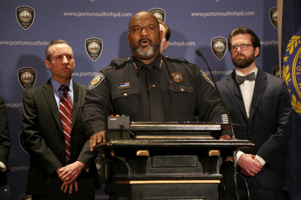 Police Police Chief Mark Newport speaks at a press conference on Tuesday, Jan. 17, 2023 at Portsmouth City Hall announcing charges for racist signs in the city.