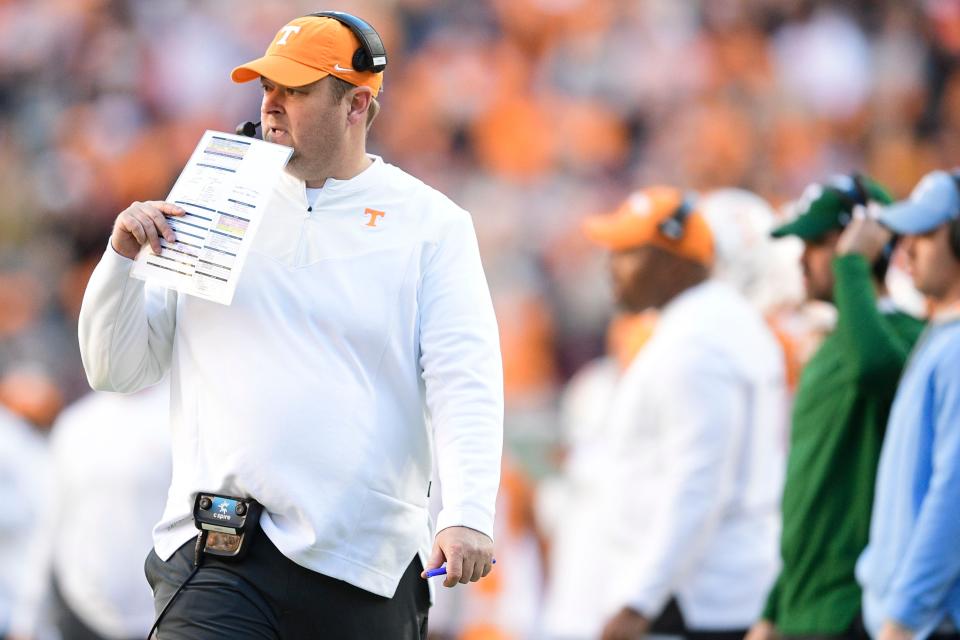 Tennessee Head Coach Josh Heupel during an SEC conference game between Tennessee and Vanderbilt at Neyland Stadium in Knoxville, Tenn. on Saturday, Nov. 27, 2021.