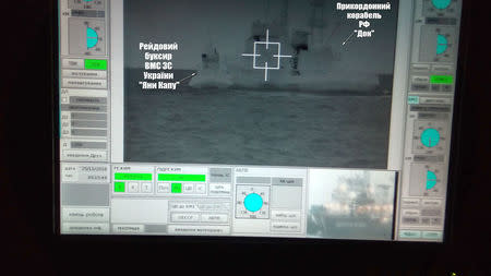 A screen shows a Russian border guard vessel Don trying to stop a Ukrainian Navy tug boat as three Ukrainian ships make a journey from the Black Sea port of Odessa via the Kerch Strait to Mariupol on the Sea of Azov, in the Black Sea in this handout picture taken November 25, 2018 and released by the Ukrainian Navy. Ukrainian Navy/Handout via REUTERS