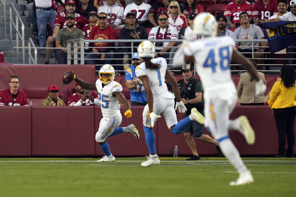 Los Angeles Chargers running back Joshua Kelley celebrates in the end zone after a rushing touchdown against the San Francisco 49ers during the first half of a preseason NFL football game Friday, Aug. 25, 2023, in Santa Clara, Calif. (AP Photo/Jeff Chiu)