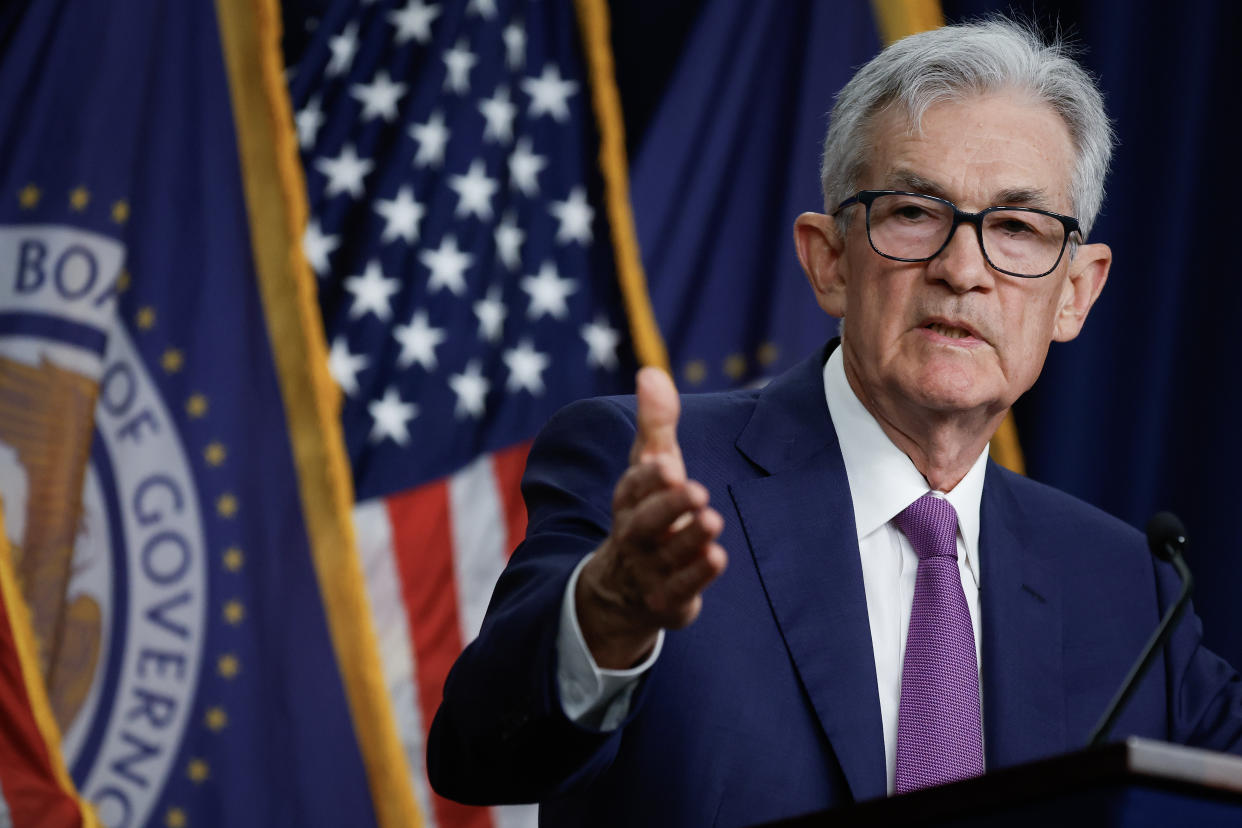 WASHINGTON, DC - MAY 01: Federal Reserve Bank Chair Jerome Powell announces that interest rates will remain unchanged during a news conference at the bank's William McChesney Martin building  on May 01, 2024 in Washington, DC. Following the regular two-day Federal Open Markets Committee meeting, Powell said the U.S. economy continues to show momentum and inflation has remained high in recent months, informing the Fed's decision to keep their current 5.33 percent rate setting. (Photo by Chip Somodevilla/Getty Images)