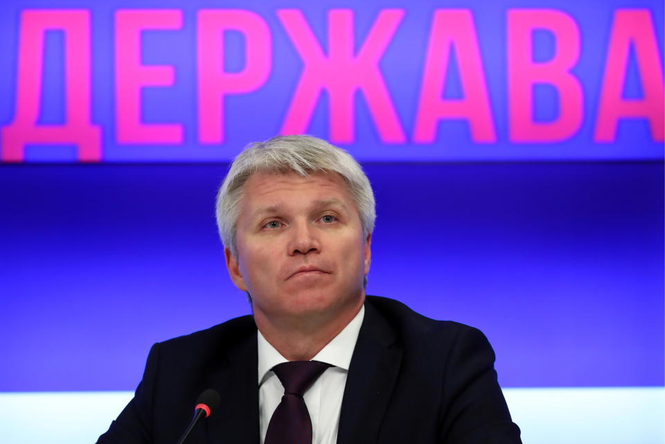 MOSCOW, RUSSIA - SEPTEMBER 12, 2019: Russia's Sports Minister Pavel Kolobkov during a press conference on the 8th "Russia Is A Sports Country" international sports forum, at the Rossiya Segodnya news agency. Anton Novoderezhkin/TASS (Photo by Anton Novoderezhkin\TASS via Getty Images)