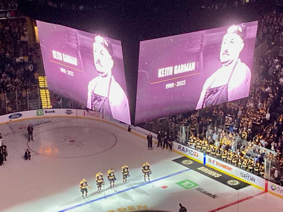 The Bruins held a moment of silence before Saturday's game to honor the passing of head chef Keith Garman.